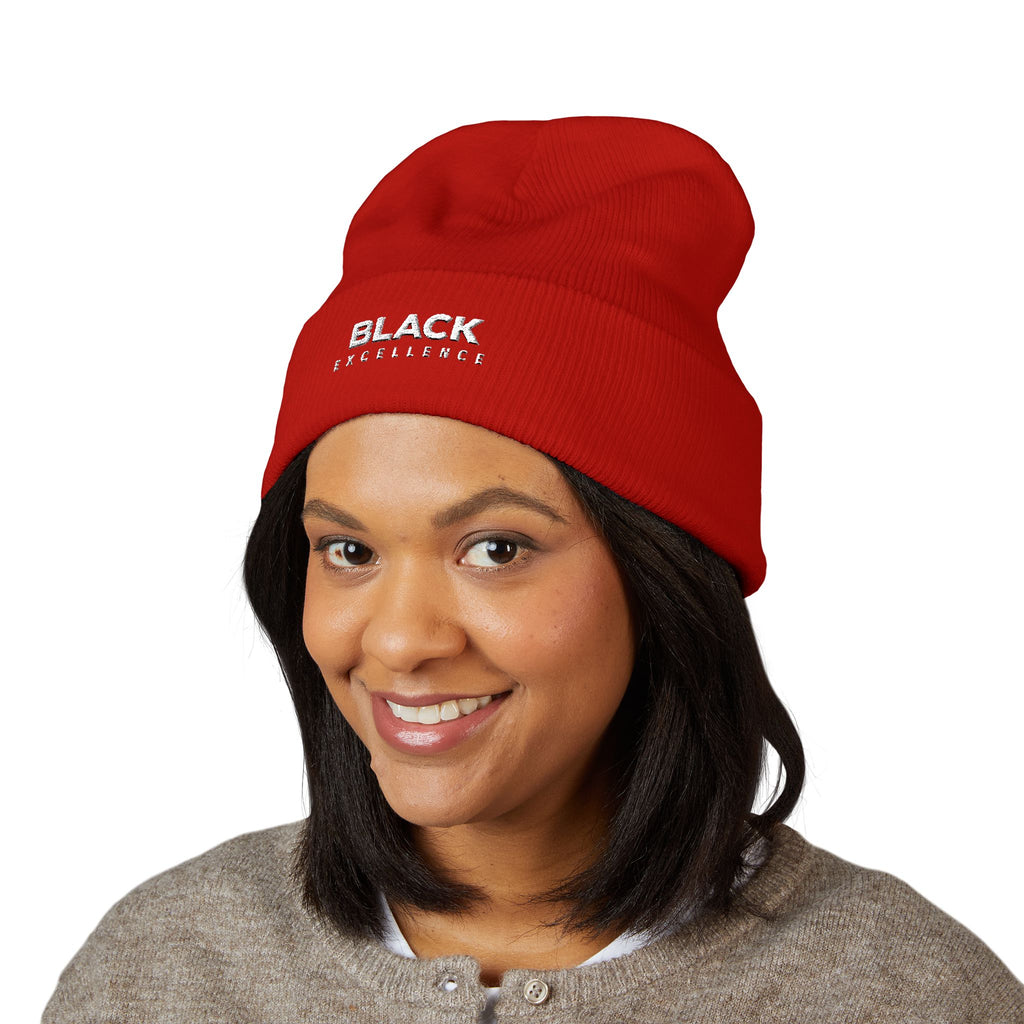 Black Excellence Embroidered Cuffed Beanie | Unisex Knit Winter Hat