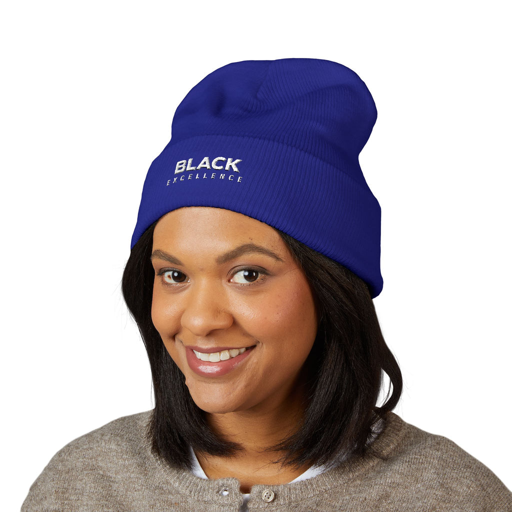 Black Excellence Embroidered Cuffed Beanie | Unisex Knit Winter Hat