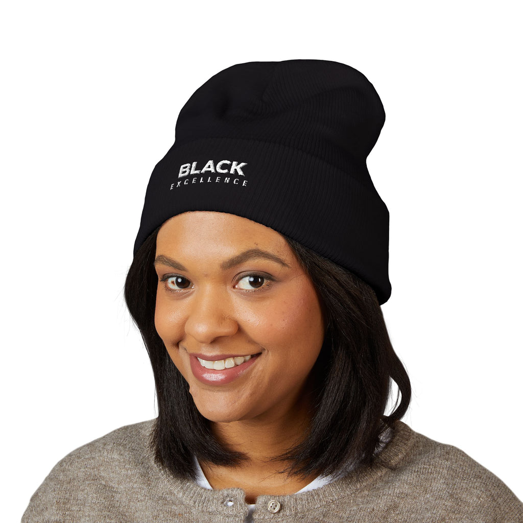 Black Excellence Embroidered Cuffed Beanie | Unisex Knit Winter Hat