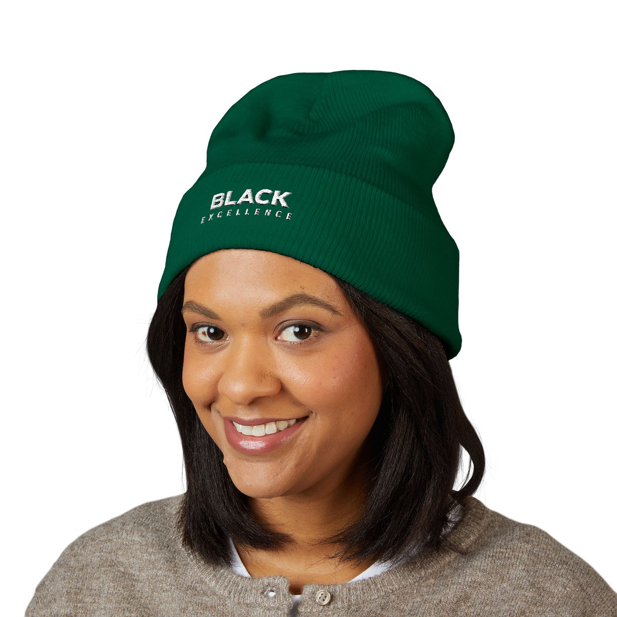 Black Excellence Embroidered Cuffed Beanie | Unisex Knit Winter Hat