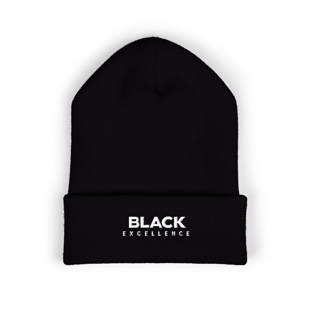 Black Excellence Embroidered Cuffed Beanie | Unisex Knit Winter Hat