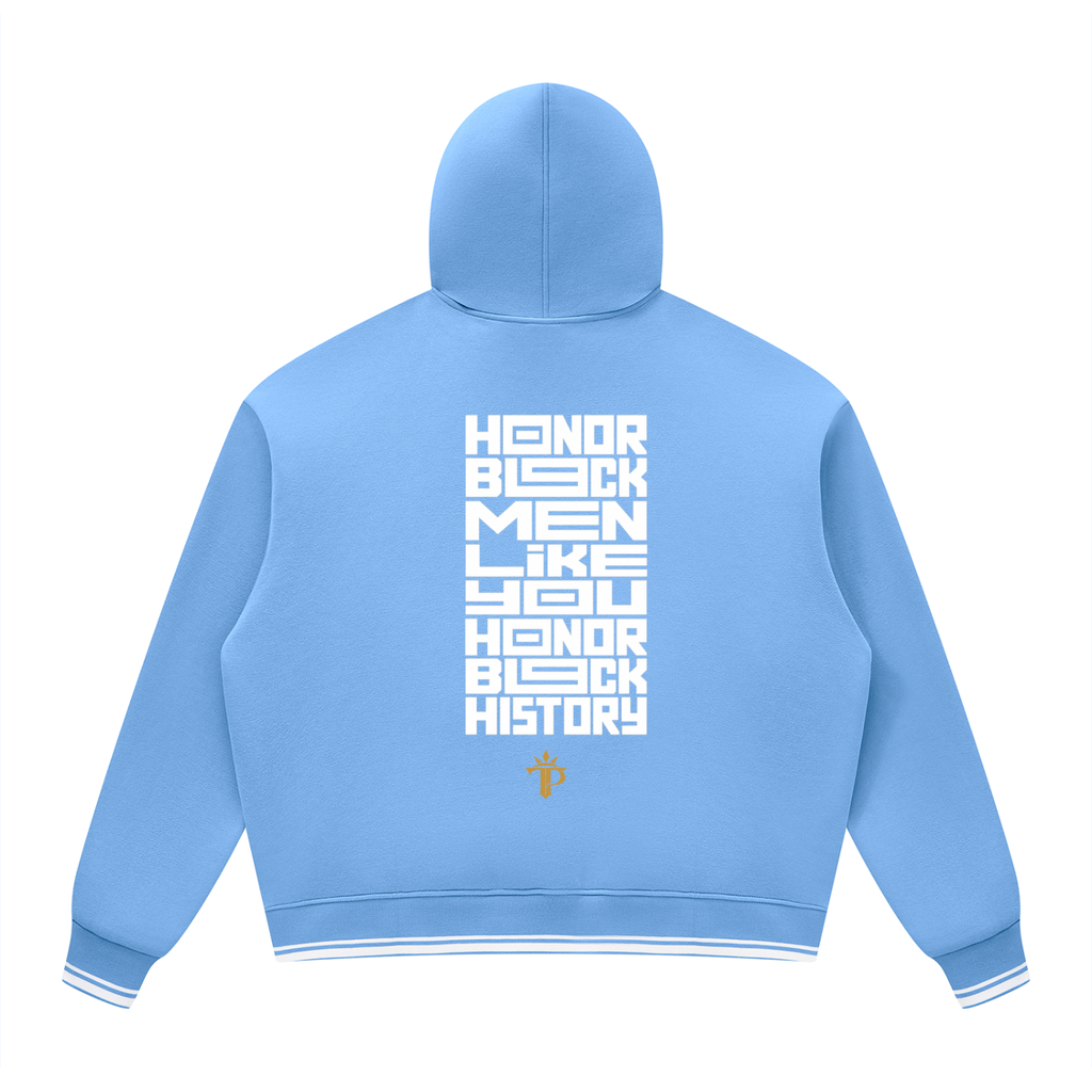 Honor Black Men Oversized Hoodie | Unisex Color Block Fleece Pullover with Striped Trim