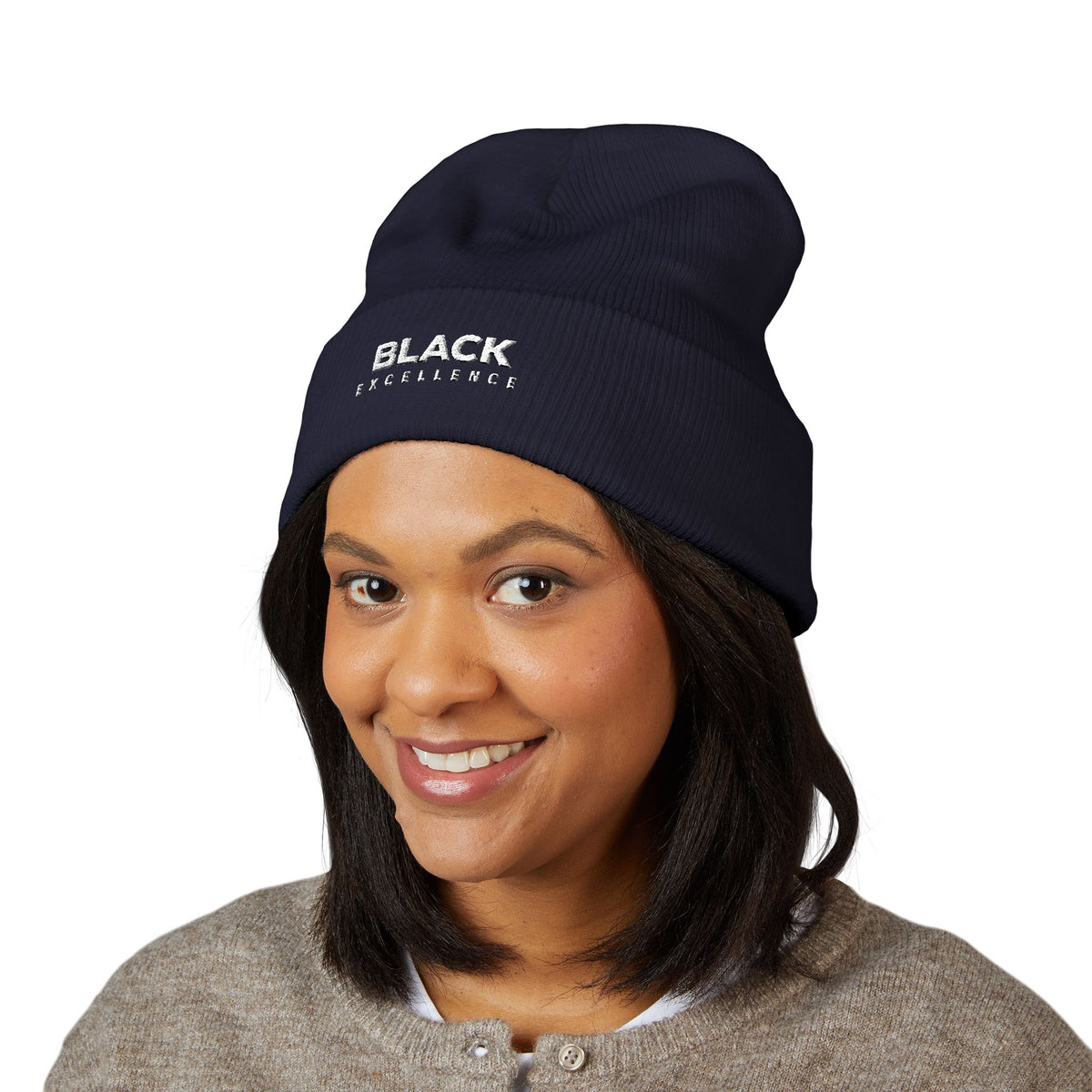 Black Excellence Embroidered Cuffed Beanie | Unisex Knit Winter Hat