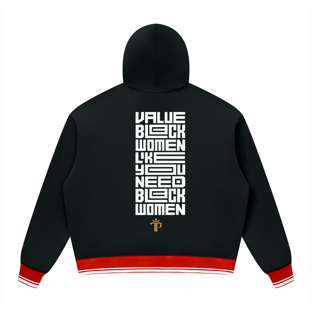 Value Black Women Oversized Hoodie | Color Block Fleece Pullover with Striped Trim
