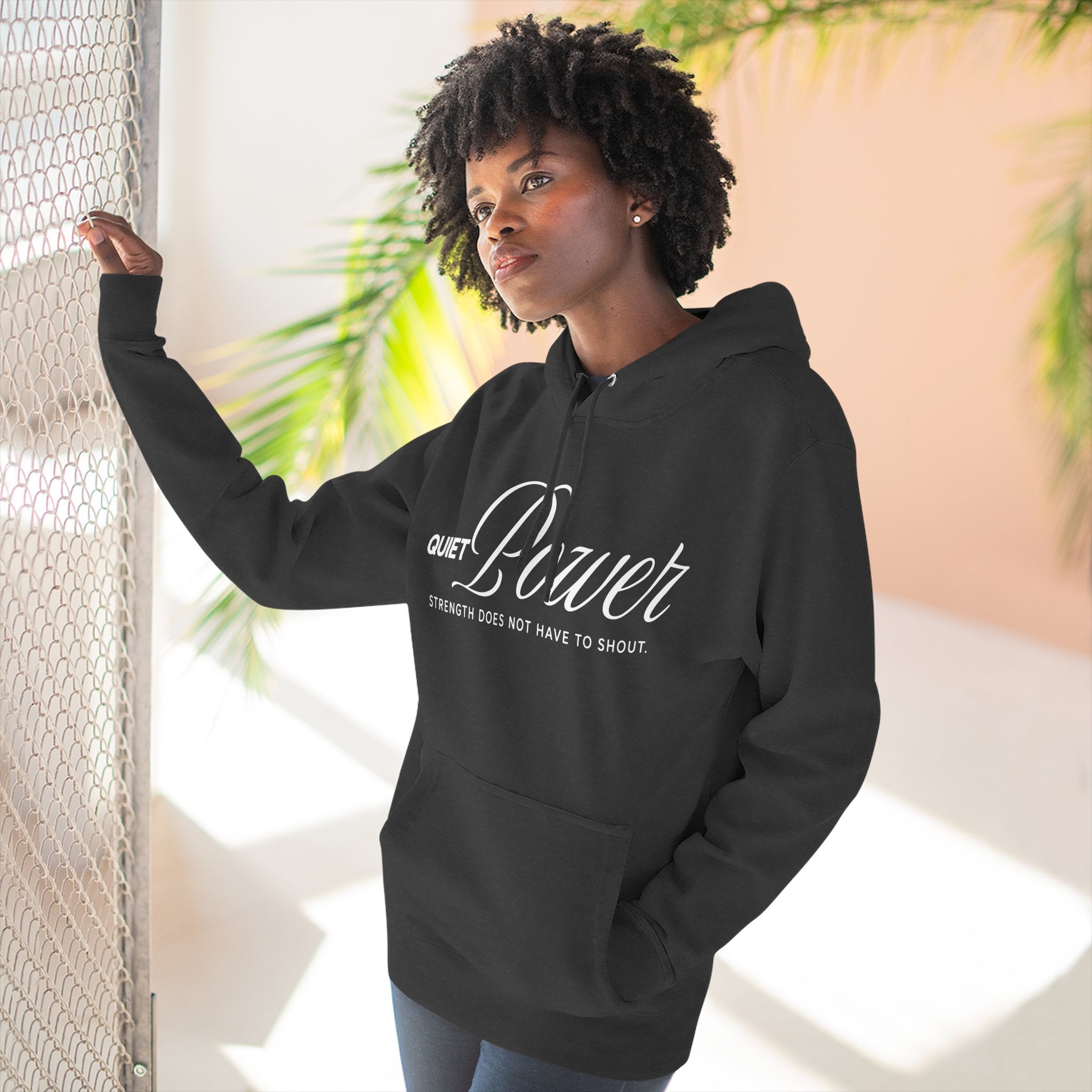 Quiet Power Hoodie | "Strength Does Not Have to Shout" White Print Fleece Hoodie