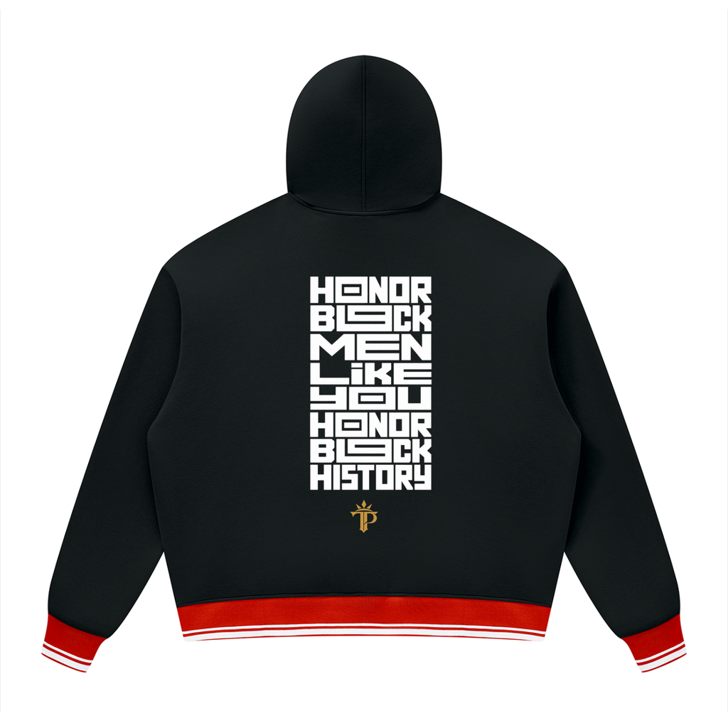 Honor Black Men Oversized Hoodie | Unisex Color Block Fleece Pullover with Striped Trim