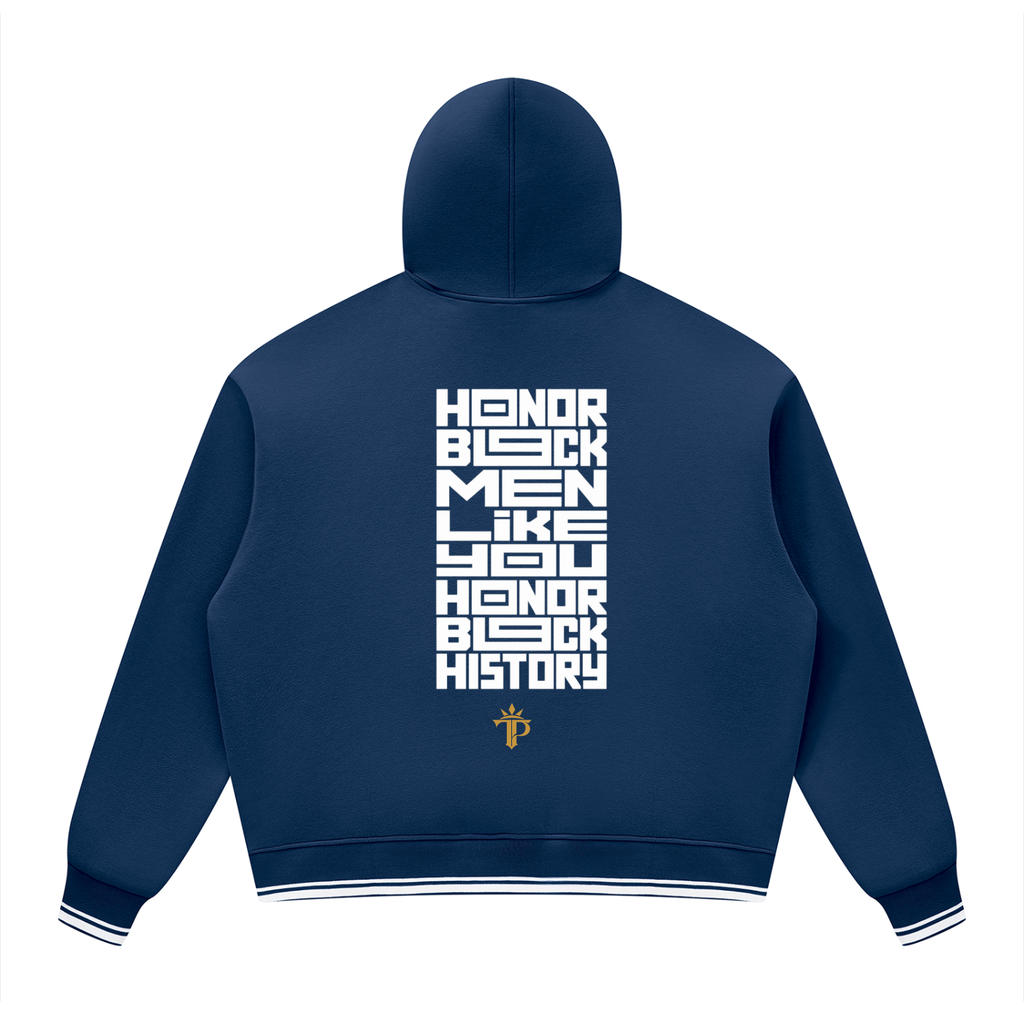 Honor Black Men Oversized Hoodie | Unisex Color Block Fleece Pullover with Striped Trim
