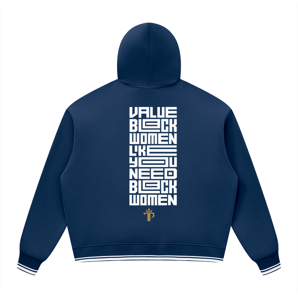 Value Black Women Oversized Hoodie | Color Block Fleece Pullover with Striped Trim